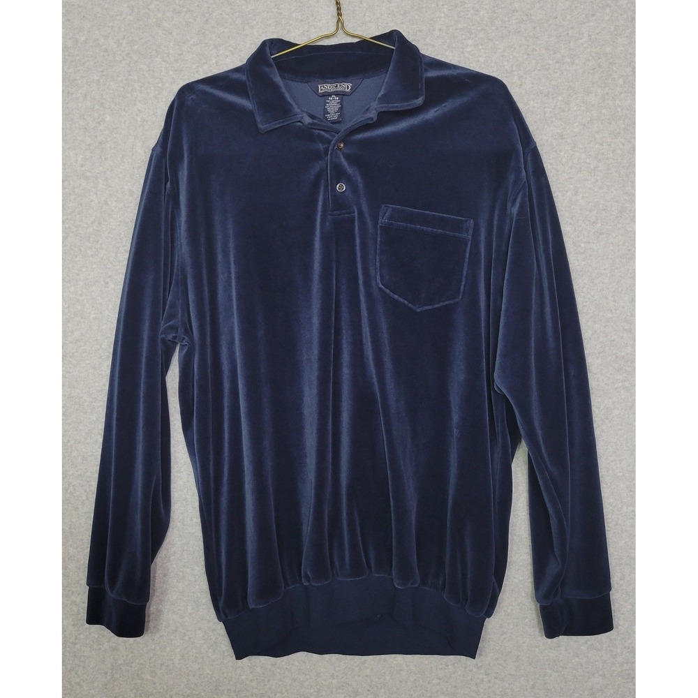 Vtg Lands End Mens XL Navy Blue Velour Long Sleeve Polo Shirt Made in USA